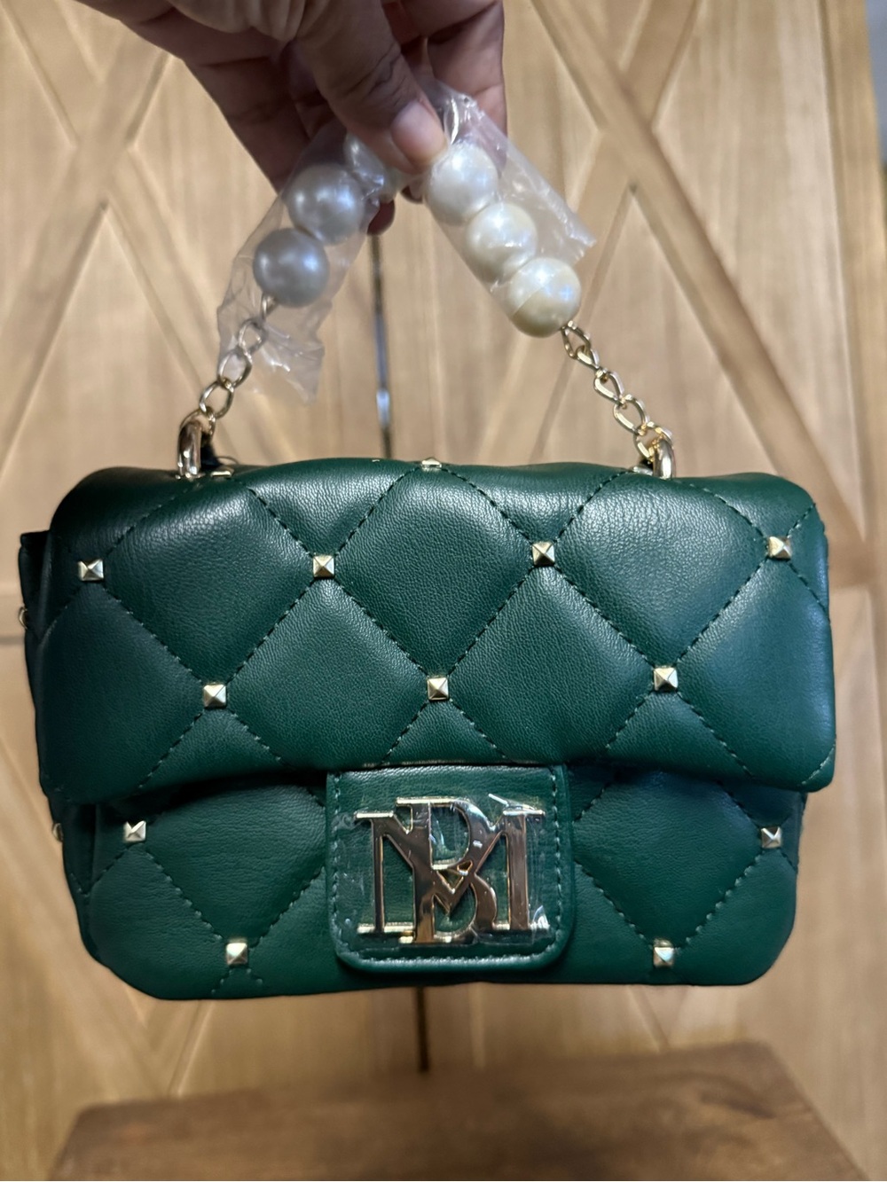 Badgley Mischka NWT Faux PearlHandle Mini Quilted Bag Dark Green Chain Strap